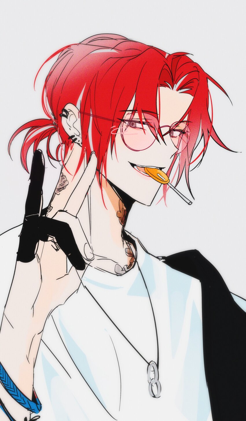 1boy 8enthopelagic \n/ absurdres candy commentary_request ear_piercing earrings eoduun_badaui_deungbul-i_doeeo food food_in_mouth grey_background hand_up highres jewelry kim_jaehee korean_commentary lollipop looking_at_viewer male_focus neck_tattoo necklace piercing pink-tinted_eyewear prosthetic_fingers red_hair shirt short_hair simple_background smile solo standing sunglasses tattoo tinted_eyewear upper_body white_shirt