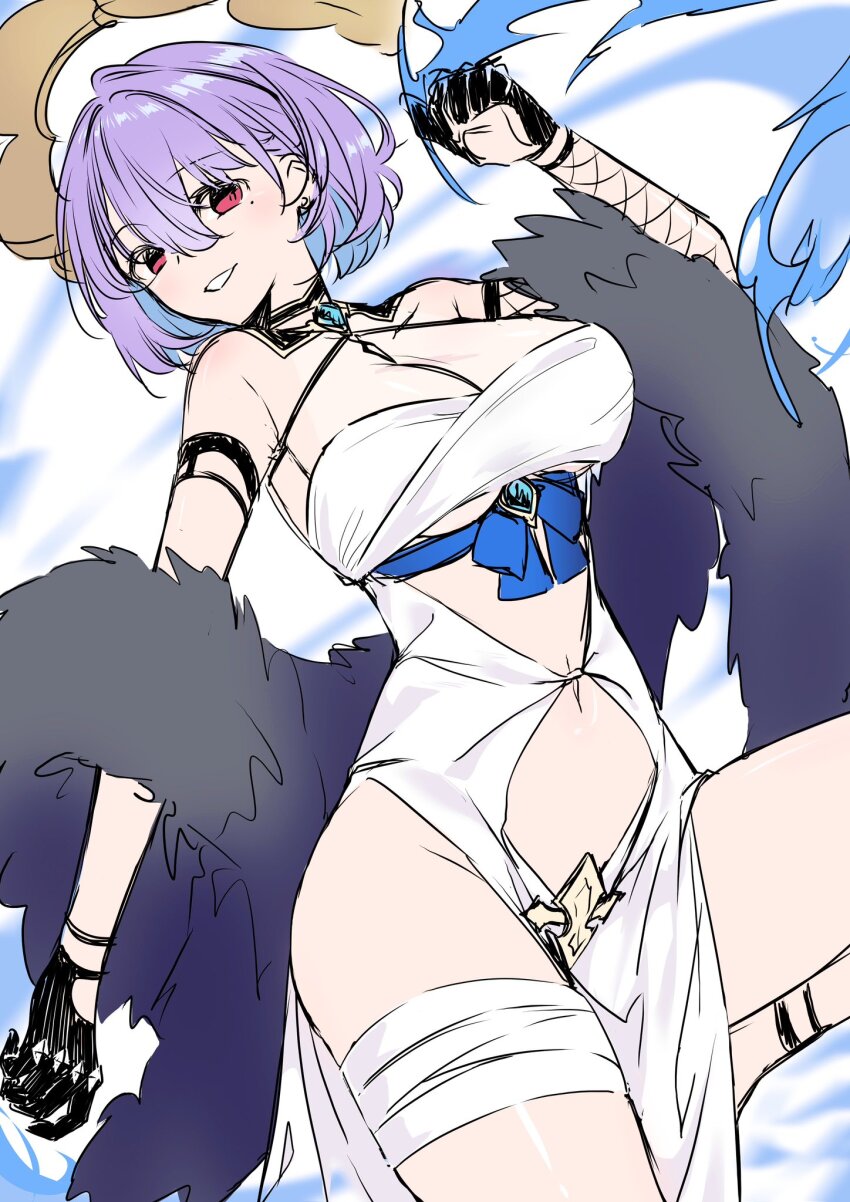 1girl azur_lane bare_shoulders black_gloves breasts cleavage dress ebifurai_daisuki_man fur_shawl gloves hair_between_eyes hand_up highres knee_up large_breasts looking_at_viewer lyon_(azur_lane) mole mole_under_eye navel parted_lips purple_hair red_eyes shawl sketch smile solo stomach thigh_strap white_dress