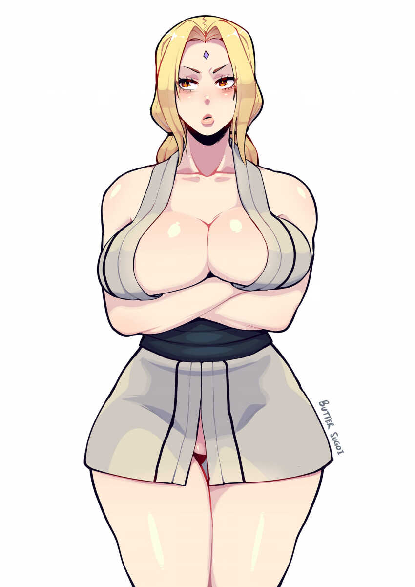 1girl arms_under_breasts artist_name blonde_hair bottomless breasts butter_sugoi collarbone commentary cowboy_shot crossed_arms facial_mark forehead_mark gluteal_fold haori highres japanese_clothes large_breasts naruto naruto_(series) no_pussy orange_hair sidelocks signature solo thick_lips thigh_gap tsunade_(naruto)