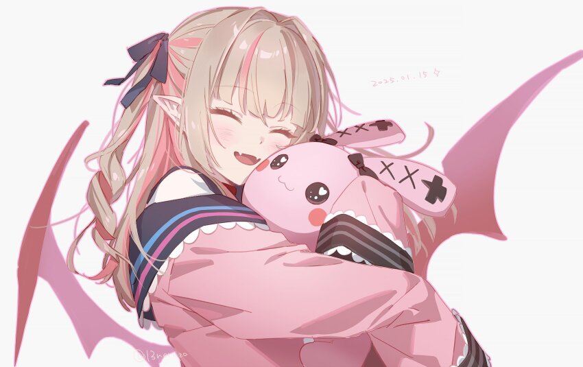 1girl :3 black_ribbon black_sailor_collar blouse brown_hair closed_eyes colored_inner_hair demon_wings facing_viewer fangs hair_ribbon happy highres holding holding_stuffed_toy hug ichi_san_neruzo jacket makaino_ririmu makaino_ririmu_(4th_costume) mascot multicolored_hair nijisanji open_mouth pink_hair pink_jacket pink_streaks pointy_ears red_wings ribbon ringlets sailor_collar school_uniform serafuku shirt simple_background skin_fangs sleeves_past_fingers sleeves_past_wrists smile solo streaked_hair stuffed_animal stuffed_rabbit stuffed_toy tongue twitter_username two-tone_hair two_side_up upper_body virtual_youtuber white_background white_shirt wings