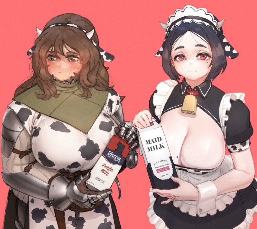 2girls absurdres animal_ears animal_print armor belt black_hair blush breasts brown_eyes brown_hair cleavage cow_ears cow_girl cow_horns cow_print dress gambeson gauntlets go!_go!_gris! highres holding horns implied_breast_milk implied_lactation lady_lucerne_(ironlily) large_breasts long_hair looking_at_viewer maid medieval milk milk_carton mole mole_on_breast mole_under_eye multiple_girls muuko_(go!_go!_gris!) ordo_mediare_sisters_(ironlily) original red_eyes short_hair short_sleeves smile surcoat wass_nonnam