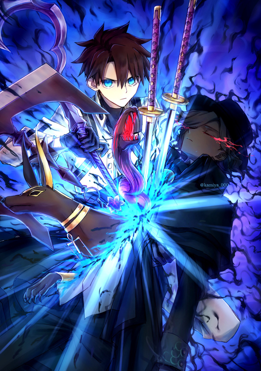 2boys black_gloves black_hair black_hat blue_eyes closed_eyes closed_mouth commentary_request edmond_dantes_(fate) fate/grand_order fate_(series) fujimaru_ritsuka_(male) fujimaru_ritsuka_(male)_(decisive_battle_chaldea_uniform) gloves grey_hair hat highres holding holding_weapon human_scabbard jackal jacket kamiya_(kamiya_000) katana long_sleeves looking_at_viewer male_focus multiple_boys pants sword weapon white_jacket white_pants