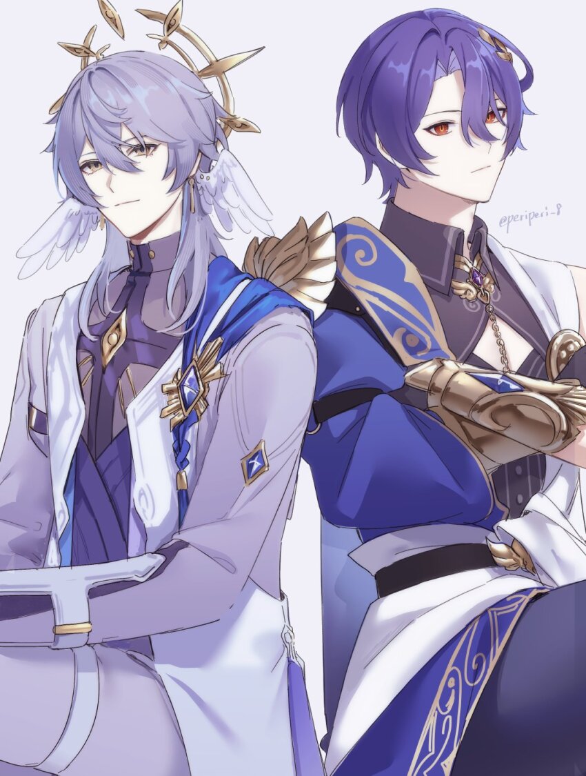 2boys black_shirt blue_hair closed_mouth clothing_cutout coat collared_shirt crossed_arms dr._ratio_(honkai:_star_rail) earrings grey_hair hair_between_eyes halo head_wings highres honkai:_star_rail honkai_(series) jewelry long_sleeves male_focus medium_hair multiple_boys pectoral_cleavage pectorals peridot_(periperi_8) red_eyes shirt short_hair simple_background sunday_(honkai:_star_rail) sunday_(sacerdos&#039;_relived_ordeal)_(honkai:_star_rail) white_background white_coat white_wings wings yellow_eyes