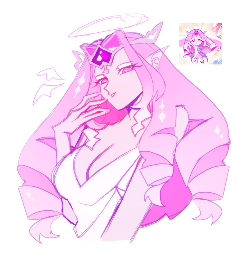 1girl angel angel_wings colored_skin cookie_run cookie_run:_kingdom demon_girl dress eternal_sugar_cookie halo highres long_hair looking_at_viewer pink_eyes pink_hair pink_skin quinalice1 reference_inset solo very_long_hair white_dress wings