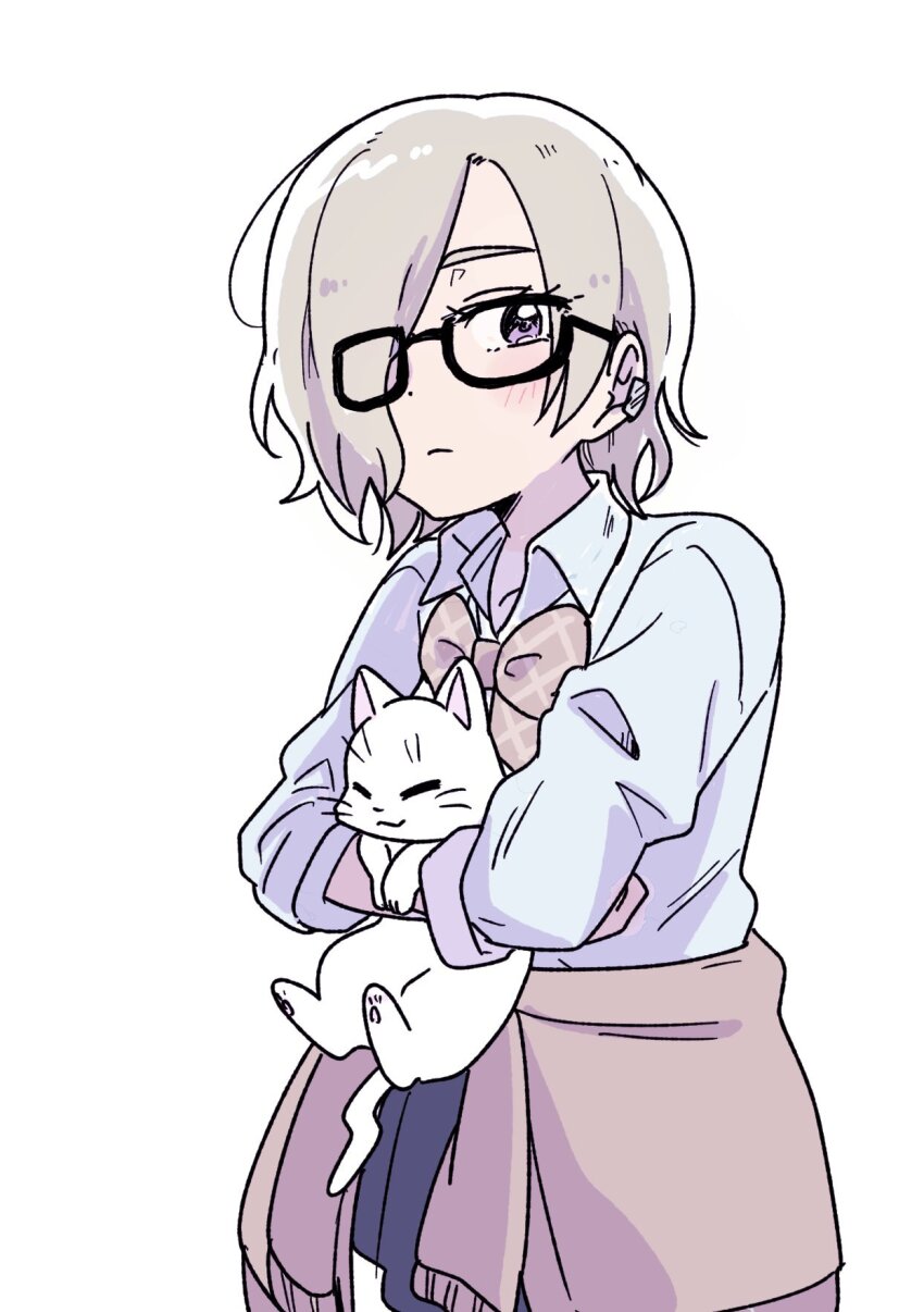 1girl animal black-framed_eyewear black_skirt blue_shirt bow bowtie brown_bow brown_bowtie brown_cardigan cardigan cardigan_around_waist cat closed_mouth clothes_around_waist collarbone collared_shirt commentary_request cowboy_shot dress_shirt frown glasses grey_hair gyaru hair_over_one_eye hanpen_(love_live!) highres holding holding_animal holding_cat kinasuzu55 kogal looking_at_viewer love_live! love_live!_nijigasaki_high_school_idol_club mia_taylor miniskirt official_alternate_costume one_eye_covered pleated_skirt school_uniform semi-rimless_eyewear shirt short_hair skirt three-quarter_sleeves under-rim_eyewear white_cat