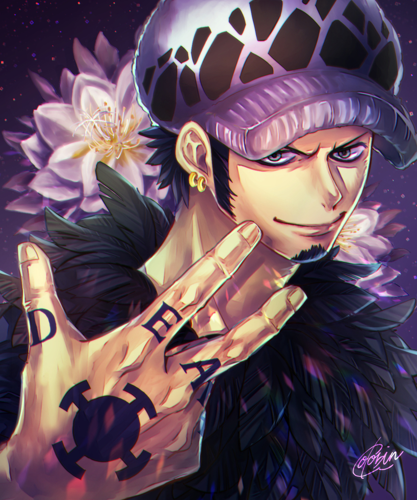 1boy black_hair earrings facial_hair feather_coat finger_tattoo fingernails flower goatee grey_eyes hand_tattoo hat highres jewelry long_sideburns lotus male_focus multiple_earrings one_piece panther_print pen_ta_gram purple_background short_hair sideburns signature smile solo tattoo trafalgar_law white_flower white_hat white_lotus