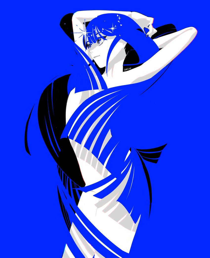 1other androgynous arms_up artist_name blending blue_background blue_eyes blue_hair blue_nails closed_mouth commentary cowboy_shot glint highres houseki_no_kuni lapis_lazuli_(houseki_no_kuni) limited_palette long_hair mt5_014 nail_polish nude other_focus smile solo standing twitter_username very_long_hair