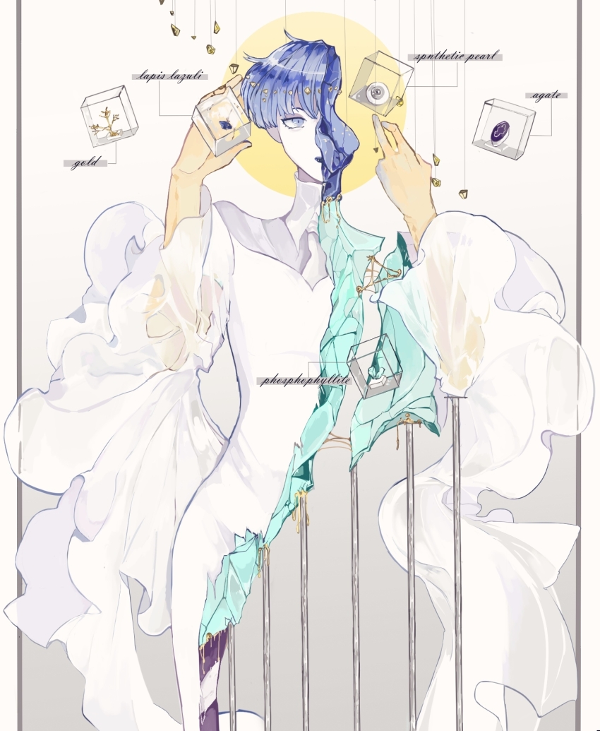 1other agate androgynous blue_eyes blue_hair bowl_cut broken character_name collared_shirt colored_skin crystal_hair eyeball gold golden_arms hands_up high_collar highres houseki_no_kuni impaled lapis_lazuli_(gemstone) moon_uniform_(houseki_no_kuni) necktie one-eyed open_mouth phosphophyllite phosphophyllite_(gemstone) phosphophyllite_(ll) shards shirt solo standing striped sunfish263 white_necktie white_skin white_uniform wide_sleeves wing_collar