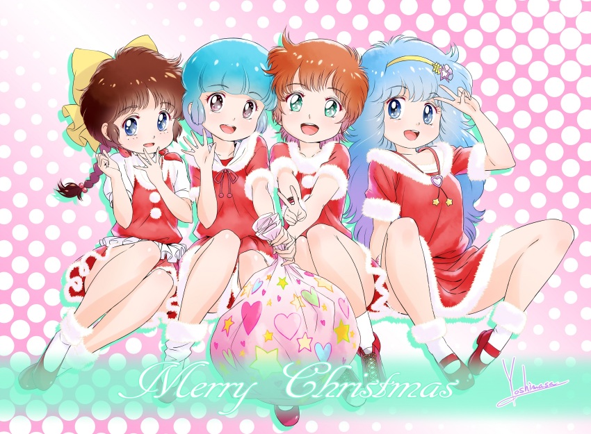 4girls :d absurdres aqua_eyes blue_eyes blue_hair braid brown_hair christmas commentary_request dress drop_shadow fur_trim hair_ribbon hairband hanazono_yumi highres holding holding_sack kazuki_mai legs_apart legs_together long_hair looking_at_viewer mahou_no_idol_pastel_yumi mahou_no_star_magical_emi mahou_no_tenshi_creamy_mami mahou_no_yousei_persia mary_janes merry_christmas morisawa_yuu multiple_girls open_mouth persia_(mahou_no_yousei_persia) polka_dot polka_dot_background purple_eyes red_dress red_footwear ribbon sack santa_costume shoes short_hair short_sleeves smile v waving yoshinaga_masahiro