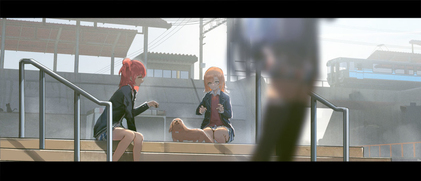 1311422471 3girls bad_id bad_pixiv_id black_jacket blazer brown_eyes brown_hair cardigan cat closed_mouth collared_shirt commentary_request dog fence hair_bun highres isshiki_iroha jacket lapels letterboxed medium_hair multiple_girls neck_ribbon notched_lapels open_clothes open_jacket pink_cardigan plaid_clothes plaid_skirt pleated_skirt power_lines red_hair red_ribbon ribbon school_uniform shirt short_hair side_bun single_side_bun sitting skirt sobu_high_school_uniform stairs train utility_pole white_shirt yahari_ore_no_seishun_lovecome_wa_machigatteiru. yuigahama_yui