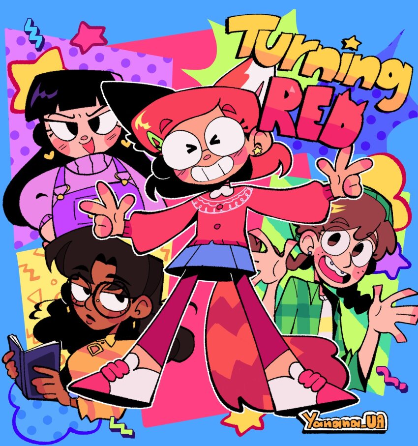&gt;_&lt; 4girls :d \||/ abby_(turning_red) animal_ears artist_name beanie black-framed_eyewear black_hair blue_background blue_skirt blunt_bangs book braces braid brown_eyes brown_hair buttons closed_eyes commentary copyright_name dark-skinned_female dark_skin double_w earrings english_commentary facing_viewer freckles full_body glasses green_hat green_jacket grin hair_behind_ear hand_on_own_hip hands_up hat heart highres holding holding_book jacket jewelry long_hair long_sleeves looking_at_viewer meilin_lee miniskirt miriam_(turning_red) multiple_girls open_clothes open_jacket open_mouth orange_shirt orange_tail outline overalls pants pink_pants pink_sweater plaid_clothes plaid_jacket priya_(turning_red) puffy_long_sleeves puffy_sleeves purple_overalls round_eyewear shirt short_hair simple_background skirt smile star_(symbol) striped_clothes striped_shirt sweater tail teeth tongue turning_red twin_braids upper_body upper_teeth_only w white_footwear white_outline white_shirt yanana_ua