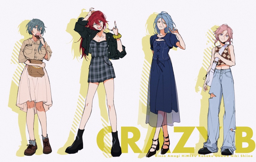 4girls :d \m/ amagi_rinne arm_up bag bare_shoulders black_footwear black_jacket blue_dress blue_eyes blue_hair blue_pants boots breast_pocket breasts brown_footwear brown_shirt buttons character_name checkered_clothes checkered_shirt closed_mouth collarbone collared_shirt commentary_request crazy_b_(ensemble_stars!) crop_top cropped_jacket denim donut dress earrings eating ensemble_stars! food food_in_mouth genderswap genderswap_(mtf) grey_dress grey_hair grey_socks hair_between_eyes hair_over_shoulder hand_up head_tilt high_heels highres himeru_(ensemble_stars!) holding holding_bag jacket jeans jewelry large_breasts long_hair looking_at_viewer low_twintails medium_breasts medium_hair mochiko_(zy) multiple_girls multiple_rings open_clothes open_jacket open_mouth oukawa_kohaku pants parted_bangs parted_lips pink_hair plaid_clothes plaid_dress pleated_skirt pocket ponytail purple_eyes red_hair ring scrunchie see-through_clothes see-through_dress shadow shiina_niki shirt shoes short_sleeves short_twintails shoulder_bag sidelocks simple_background skirt sleeveless sleeveless_shirt three-quarter_sleeves smile socks standing strapless strapless_dress strappy_heels teeth torn_clothes torn_pants twintails upper_teeth_only white_background white_bag white_skirt wing_collar wrist_scrunchie yellow_eyes yellow_scrunchie