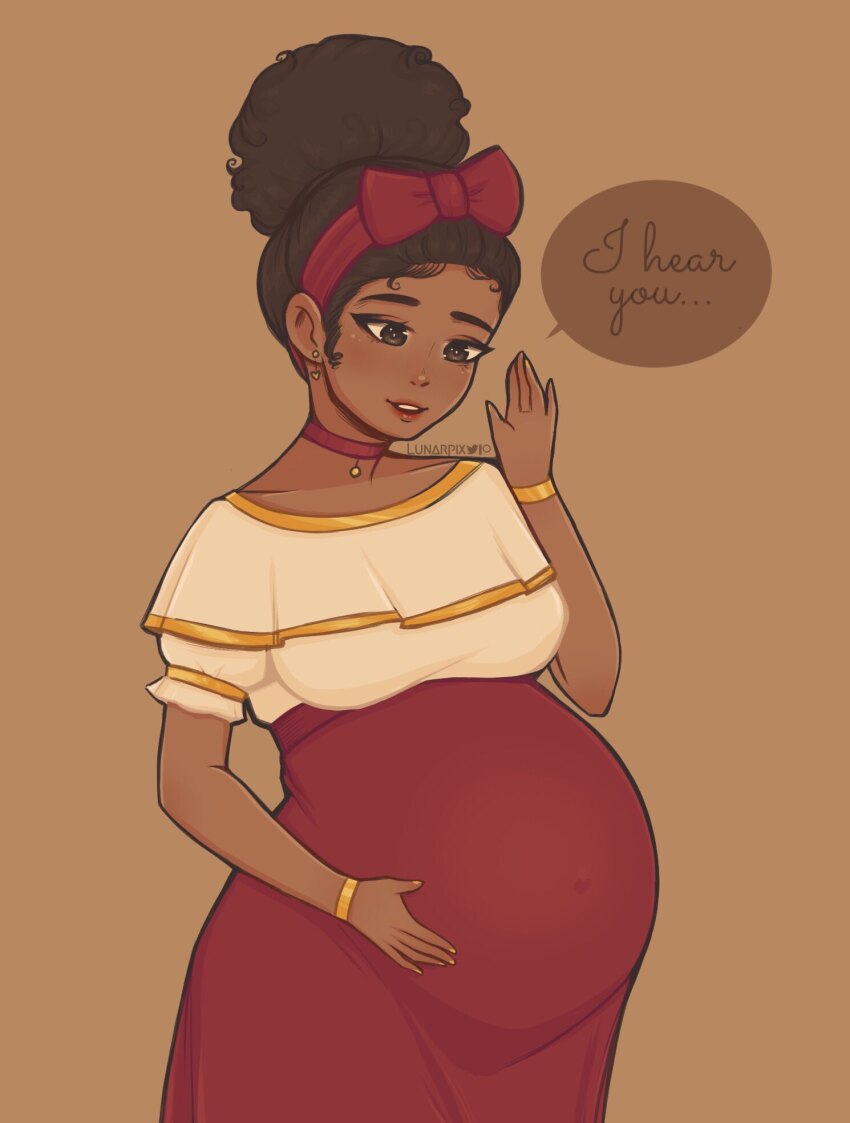 artist_name big_belly bow breasts dark-skinned_female dark_skin dolores_madrigal encanto english_text hand_on_own_stomach highres lunarpix_(artist) navel open_mouth outie_navel pregnant speech_bubble