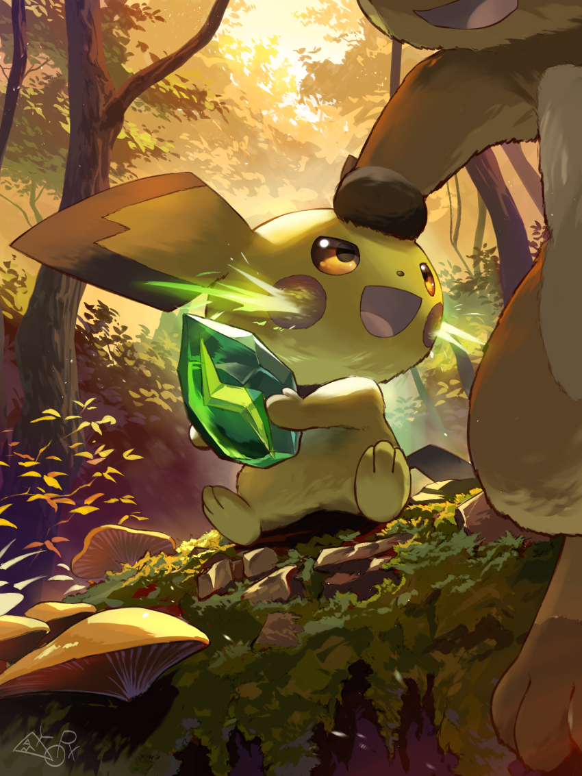 absurdres artist_logo evolution_stone evolutionary_stone forest game_freak gen_1_pokemon gen_2_pokemon highres logo looking_at_another moss mushroom nature nintendo no_humans open_mouth outdoors pichu pokemon pokemon_(creature) raichu sitting sparks thunder_stone tree watermark yamaori_(hakkentai_pokedan)