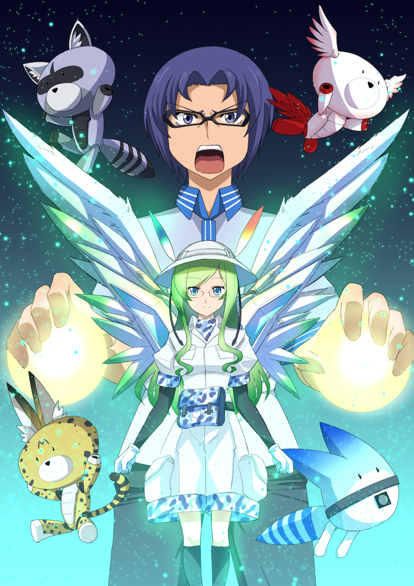 &gt;:o 10s 1boy 1girl :o beargguy_iii black-framed_eyewear blue_eyes blue_hair commentary_request common_raccoon_(kemono_friends) feathers glasses gloves green_hair gundam gundam_build_fighters gundam_build_fighters_try hat hat_feather highres i.takashi japanese_crested_ibis_(kemono_friends) kemono_friends kousaka_yuuma long_hair lucky_beast_(kemono_friends) mini_person minigirl mirai_(kemono_friends) name_connection serval_(kemono_friends) shorts smile v-shaped_eyebrows