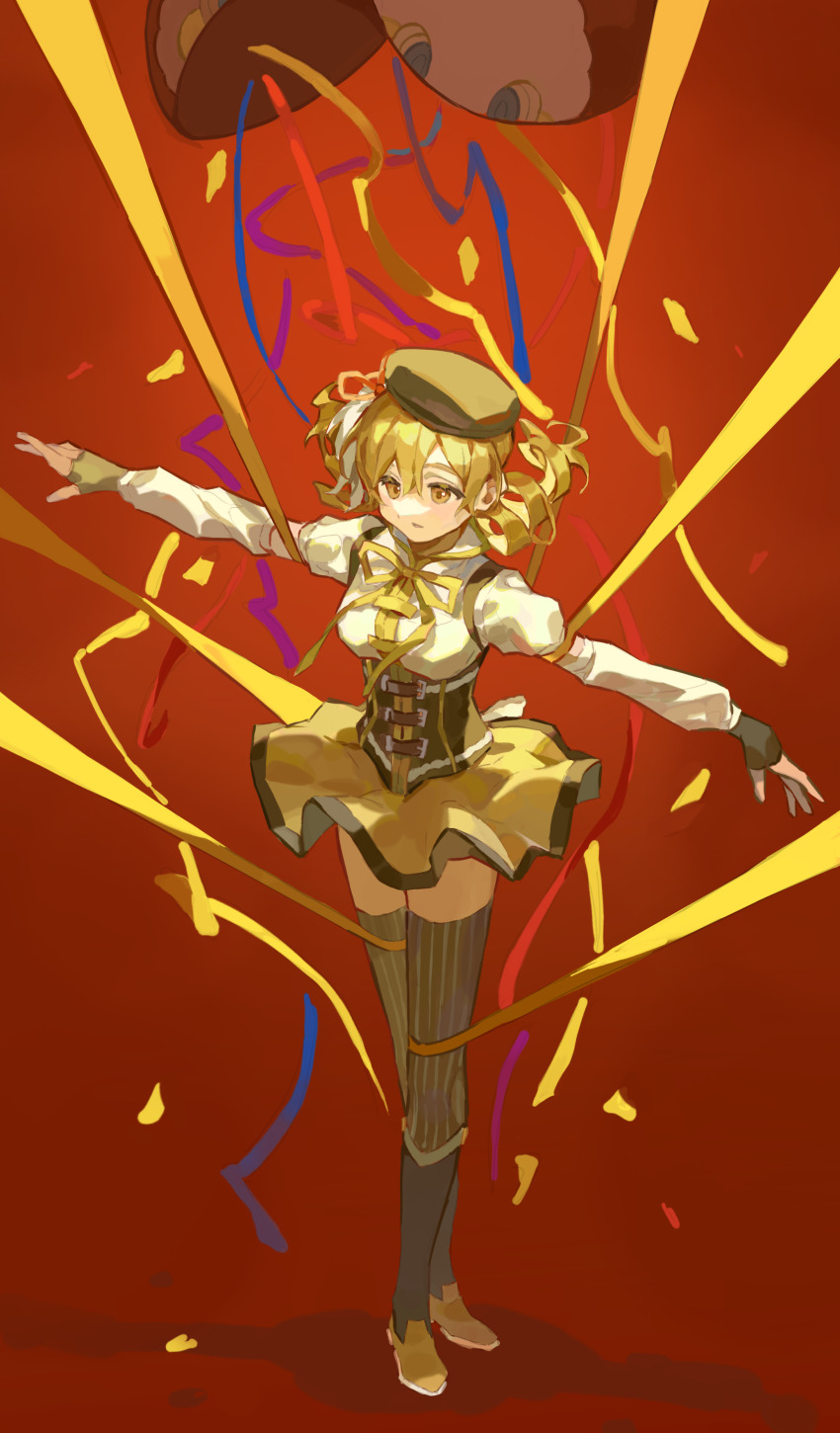 1girl absurdres back_bow beret black_boots black_corset black_gloves black_hat blonde_hair boots bow charlotte_(madoka_magica) chun_sam circle_skirt collared_shirt colored_eyelashes commentary confetti confetti_ball corset detached_sleeves drill_hair expressionless fingerless_gloves floating_clothes floating_hair flower_hairpin full_body gloves grey_thighhighs hair_between_eyes hat hat_feather high_collar highres knee_boots long_hair long_sleeves looking_ahead magical_girl mahou_shoujo_madoka_magica mahou_shoujo_madoka_magica_(anime) miniskirt multicolored_boots neck_ribbon outstretched_arms parted_lips pleated_skirt puffy_long_sleeves puffy_short_sleeves puffy_sleeves red_background ribbon shadow shirt short_sleeves simple_background skirt solo standing streamers striped_clothes striped_thighhighs symbol-only_commentary tareme thighhighs tomoe_mami tomoe_mami_(magical_girl) twin_drills two-tone_boots vertical-striped_clothes vertical-striped_thighhighs white_bow white_shirt white_sleeves yellow_boots yellow_eyes yellow_ribbon yellow_skirt