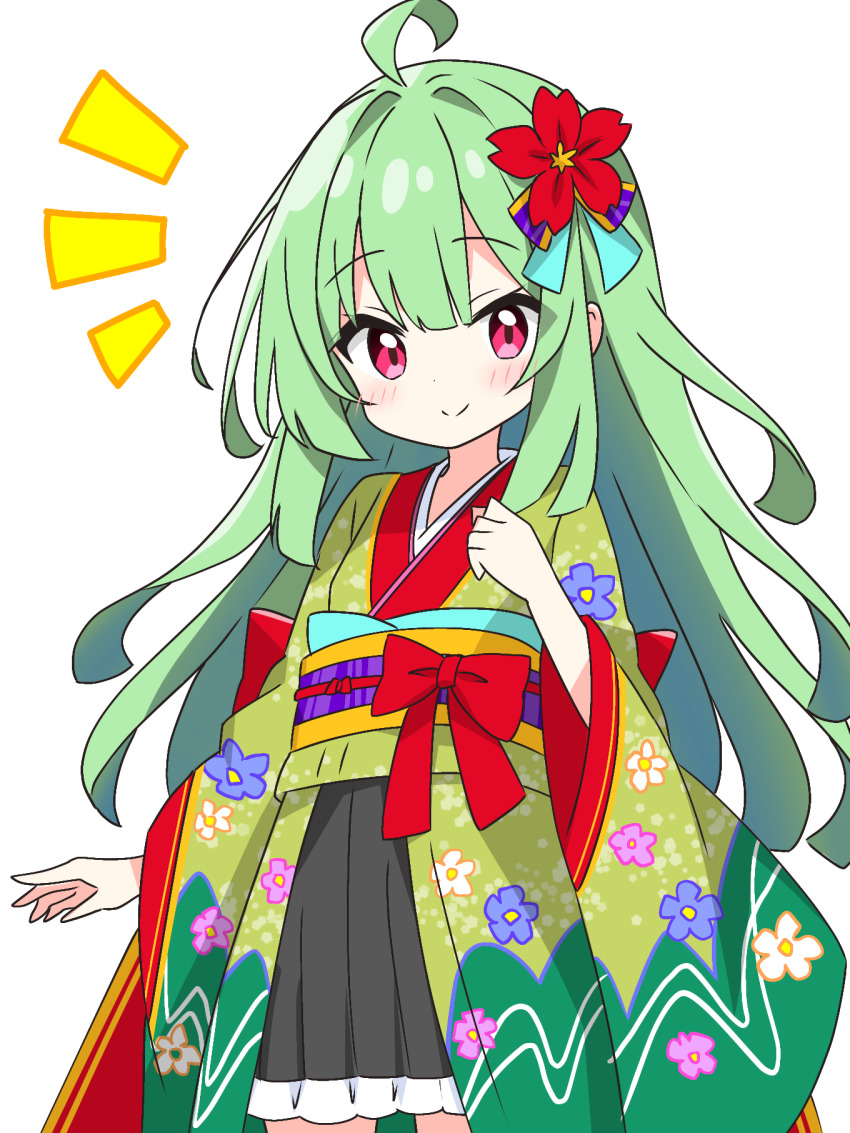 1girl ahoge black_skirt blush bow closed_mouth commentary_request cowboy_shot dot_nose floral_print floral_print_kimono flower frilled_skirt frills green-haired_kimono_girl_(kotatsu-mazoku) green_hair green_kimono hair_flower hair_ornament hand_up highres japanese_clothes kimono kotatsu-mazoku long_hair long_sleeves looking_at_viewer notice_lines obi original pleated_skirt print_kimono purple_sash red_bow sash simple_background skirt smile solo white_background wide_sleeves