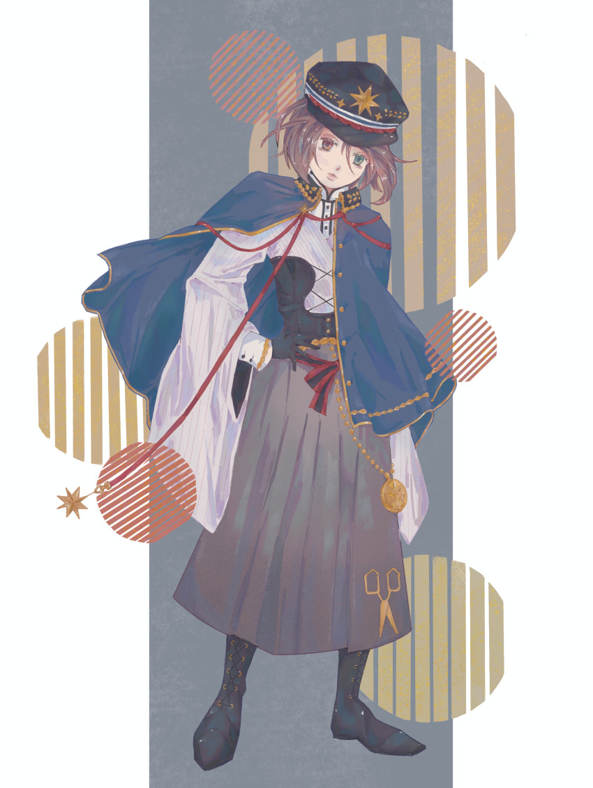 1girl abstract_background absurdres alternate_costume blue_capelet brown_hair brown_skirt capelet full_body gensou_getsumen_rt heterochromia highres long_sleeves medium_hair rozen_maiden skirt solo souseiseki taishou wide_sleeves