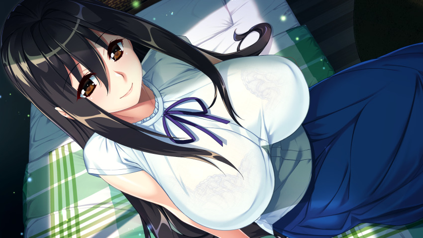 1girl bed black_hair bra breasts brown_eyes closed_mouth female_focus from_above game_(=eroge)_mitai_na,_suteki_na_koi_ga_shitai! game_cg hadashi_shoujo hair_between_eyes highres huge_breasts indoors ino_(magloid) long_hair looking_at_viewer on_bed original pillow purple_neckwear see-through_clothes sitting skirt smile solo takamiya_tsuzuri underwear