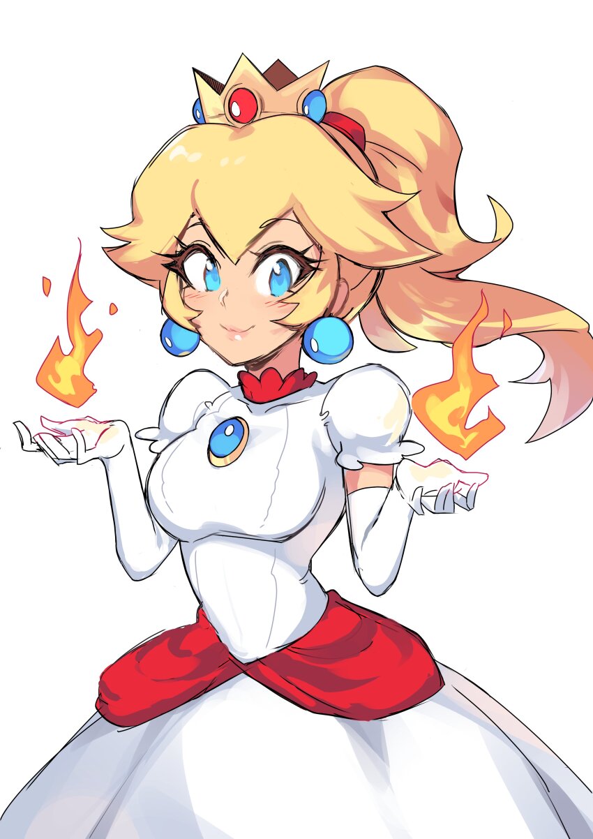 1girl absurdres blonde_hair breasts dress earrings fire_peach gloves highres jewelry mario_(series) medium_breasts nintendo ponytail princess_peach red_hair short_sleeves sphere_earrings super_mario_3d_world winterregalia