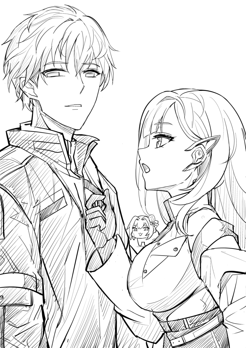 1boy 2girls cecil_(nikke) coat doro_(nikke) dorothy_(nikke) earpiece gloves goddess_of_victory:_nikke greyscale highres jacket johan_(nikke) long_hair monochrome multiple_girls necktie off-shoulder_coat off_shoulder shirt short_hair yougenko