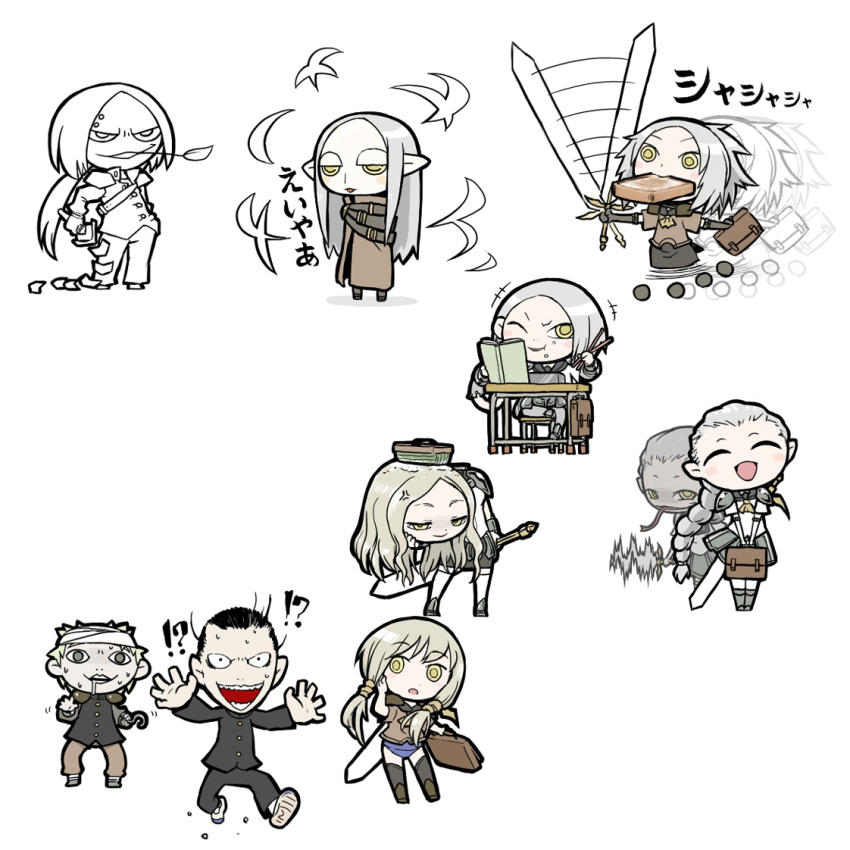 !? 2boys 6+girls angel_densetsu bento book bread bread_slice chibi claymore_(series) claymore_(sword) creator_connection crossover cynthia_(claymore) food helen hook irene kitano_seiichirou miria mouth_hold multiple_boys multiple_girls ophelia_(claymore) school_uniform severed_head spoilers sword teresa toast ume_(noraneko) weapon