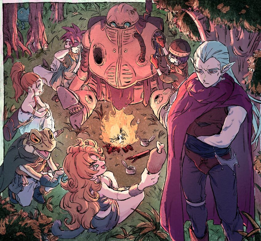 3boys 4girls amakekke anniversary arms_behind_back ayla_(chrono_trigger) blonde_hair blue_tunic boned_meat brown_hair brown_tunic camping can canned_food cape caveman chrono_trigger cloak commentary_request crono_(chrono_trigger) crossed_arms curly_hair fire food frog_(chrono_trigger) gloves grass green_cloak high_ponytail highres long_hair looking_at_another looking_up lucca_ashtear magus_(chrono_trigger) marle_(chrono_trigger) meat multiple_boys multiple_girls non-humanoid_robot nu_(chrono_trigger) pointy_ears ponytail red_hair repairing robo_(chrono_trigger) robot sleeping strapless tree tube_top tunic white_hair