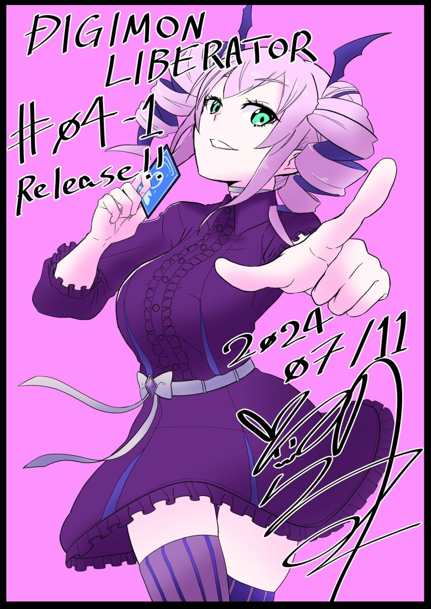 1girl black_dress breasts card commentary_request cowboy_shot dated digimon digimon_card_game digimon_liberator dress drill_hair english_text highres holding holding_card large_breasts limited_palette purple_background purple_hair signature solo trading_card twin_drills usagibochi violet_inboots