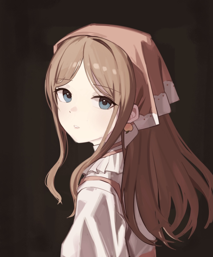 1girl absurdres bang_dream! bang_dream!_it&#039;s_mygo!!!!! blue_eyes brown_background brown_hair brown_headscarf curly_sidelocks earrings fine_art_parody food frills from_side fruit girl_with_a_pearl_earring headscarf highres jewelry lipstick long_hair long_sidelocks looking_at_viewer looking_back lu_guan makeup nagasaki_soyo parody parted_bangs parted_lips peach portrait shirt sidelocks simple_background solo stud_earrings sweets_paradise tenugui turning_head white_shirt