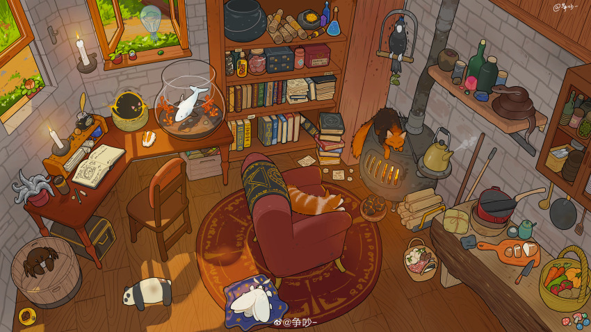 absurdres animal armchair basket bird book book_stack bookshelf bread bug cabinet candle carpet carrot cat cauldron chair chest_(furniture) chinese_commentary coal commentary_request cooking_pot crab crow cucumber cutting_board day desk fishbowl flower food fox furnace highres indoors insect kettle knife meat moth mushroom no_humans open_window original oversized_animal package panda path pink_flower pink_rose plant potion potted_plant pumpkin road rose scenery scroll shark shelf signature snake spatula steam stone_wall tentacles tomato undersized_animal watermark weibo_watermark window wooden_floor zhengchao