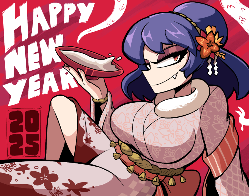 1girl 2025 alcohol armband bracelet breasts closed_mouth collar commentary cup english_commentary eyeliner eyeshadow fang feet_out_of_frame floral_print flower forked_tongue hair_bun hair_flower hair_ornament hair_tie happy_new_year highres holding holding_cup japanese_clothes jewelry kevin_arthur kimono large_breasts light_blush long_sleeves looking_at_viewer looking_to_the_side makeup mascara medium_hair nengajou new_year pink_kimono purple_eyeshadow purple_hair red_armband red_background red_eyes red_sash rope rope_belt sakazuki sake sash shimenawa simple_background sitting smirk snake_tail solo tail tongue touhou white_collar wide_sleeves yasaka_kanako