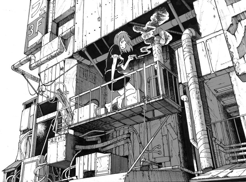 1girl absurdres apron balcony barefoot building ceiling_light cigarette commentary full_body greyscale hand_on_railing highres holding holding_cigarette industrial_pipe looking_at_viewer maid maid_apron maid_headdress medium_hair monochrome omao on_railing original outdoors parted_lips railing security_camera sign smoke smoking solo straight_hair sweatdrop wire
