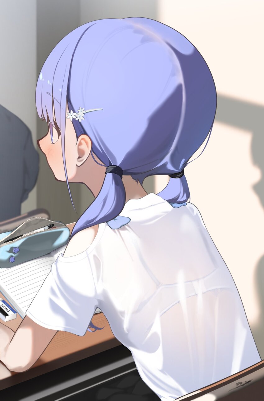 1girl blue_eyes blush bra clothing_cutout desk elbow_on_table eraser hair_ornament hayakawa_sena_(pei_iriya) highres indoors long_hair notebook original pei_iriya pencil_case purple_hair school_desk see-through_clothes see-through_shirt shirt sitting t-shirt twintails underwear white_bra white_shirt