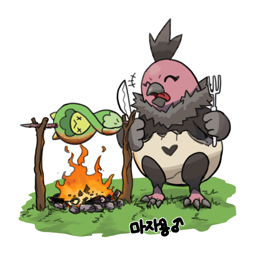 blood budew closed_eyes commentary creatures_(company) fire fork game_freak gen_4_pokemon gen_5_pokemon gigobyte350 grass highres holding holding_fork holding_knife knife nintendo no_humans open_mouth pokemon pokemon_(creature) roasting spitroast_(object) standing tongue tongue_out vullaby white_background x_x