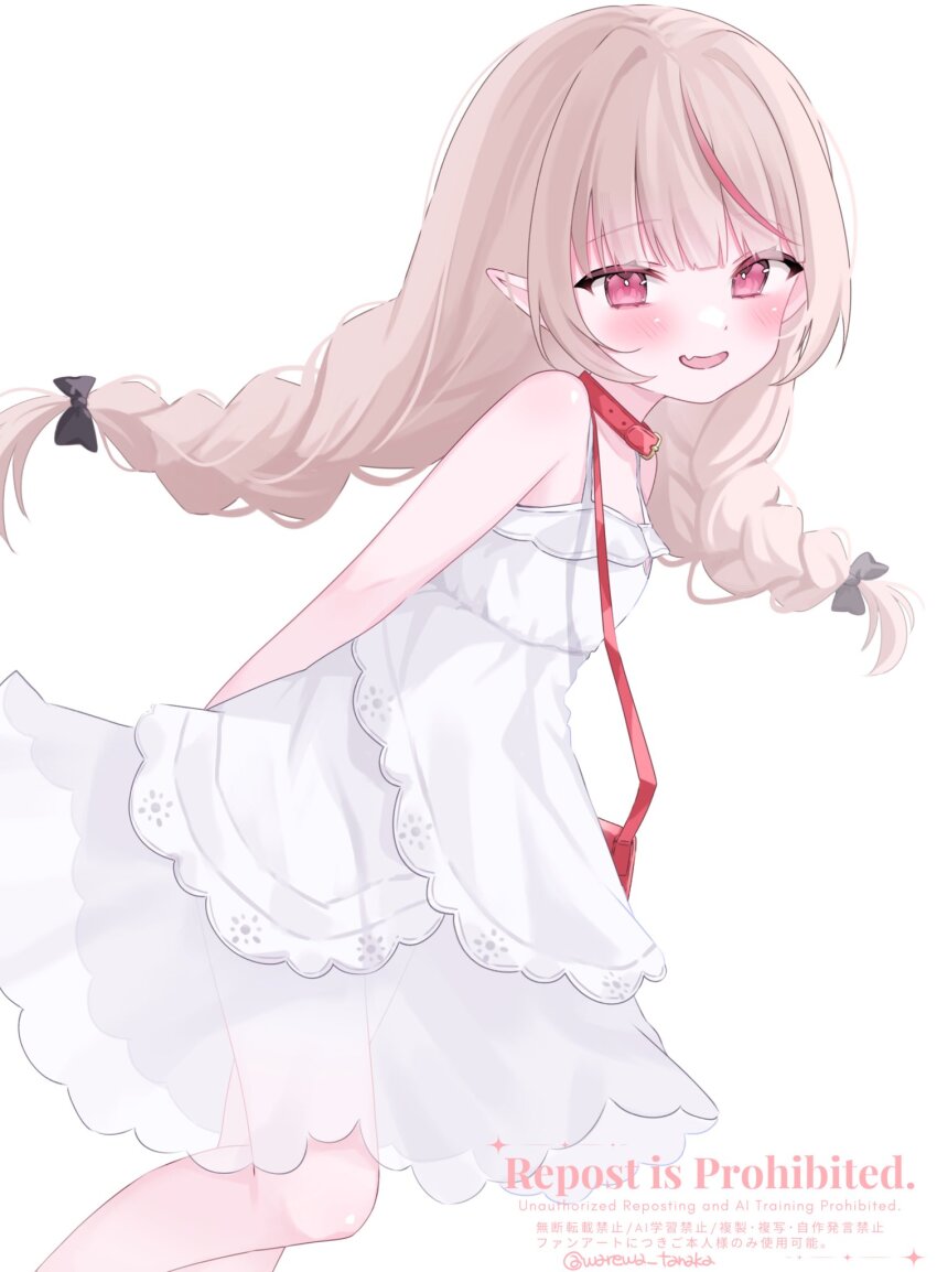 1girl arms_behind_back bag bare_shoulders belt_collar black_bow blunt_bangs blush bow braid collar dress fang feet_out_of_frame floating_hair from_side grey_hair hair_bow handbag highres lace_trim long_hair looking_at_viewer makaino_ririmu makaino_ririmu_(3rd_costume) multicolored_hair nijisanji parted_lips pointy_ears red_bag red_collar red_eyes red_hair see-through_clothes see-through_skirt shoulder_bag sidelocks simple_background skin_fang skirt sleeveless sleeveless_dress smile solo streaked_hair sundress twin_braids virtual_youtuber warewa_tanaka watermark white_background white_dress