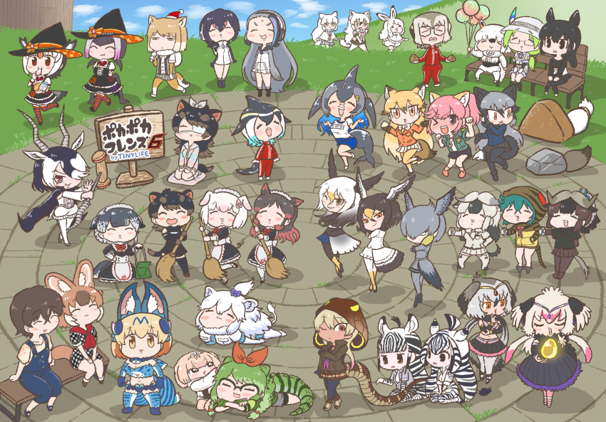 &gt;_o 1other 6+girls ^_^ alternate_costume androgynous animal_ears anteater_ears anteater_tail antelope_ears antelope_horns arctic_fox_(kemono_friends) arctic_hare_(kemono_friends) arctic_wolf_(kemono_friends) atlantic_puffin_(kemono_friends) bat_girl bat_wings bird_tail bird_wings black_hair blackbuck_(kemono_friends) blonde_hair blouse blue_hair bodystocking bow braid brown_hair cape capelet captain_(kemono_friends) cardigan cat_girl cetacean_tail chibi closed_eyes closed_mouth collared_cape common_vampire_bat_(kemono_friends) corset crocodilian_tail crossed_arms cup day dog_girl dress drinking_glass eating egg expressionless extra_ears ezo_red_fox_(kemono_friends) fins fish_tail food fox_ears fox_girl fox_tail full_body fur_collar giant_penguin_(kemono_friends) glasses golden_egg green_eyes green_hair grey_hair grey_shirt hair_between_eyes halloween_costume hat hat_bow hat_feather head_fins head_wings headphones helmet highres holding holding_sack holding_weapon hood hoodie horns humboldt_penguin_(kemono_friends) jacket japari_symbol kemono_friends kemono_friends_3 kneeling kotobuki_(tiny_life) long_hair looking_at_another looking_at_viewer lying malayan_tapir_(kemono_friends) medium_hair meerkat_(kemono_friends) meerkat_ears meerkat_tail mirai_(kemono_friends) multicolored_hair multiple_girls necktie oinari-sama_(kemono_friends) on_stomach open_mouth outdoors over_shoulder overalls pants pantyhose pith_helmet polearm rabbit_ears rabbit_girl red_eyes red_hair red_jacket red_pants sack safari_jacket santa_hat shirt shoes short_hair shorts silky_anteater_(kemono_friends) silver_fox_(kemono_friends) sitting skirt smile southern_tamandua_(kemono_friends) standing stomach striped_clothes striped_hoodie striped_tail tail tamandua_ears tamandua_tail tapir_ears thighhighs tibetan_fox_(kemono_friends) track_jacket track_pants track_suit transformation twin_braids twintails unworn_headwear vest walking weapon white_hair wings witch witch_hat wolf_ears wolf_girl wolf_tail yellow_eyes zipper