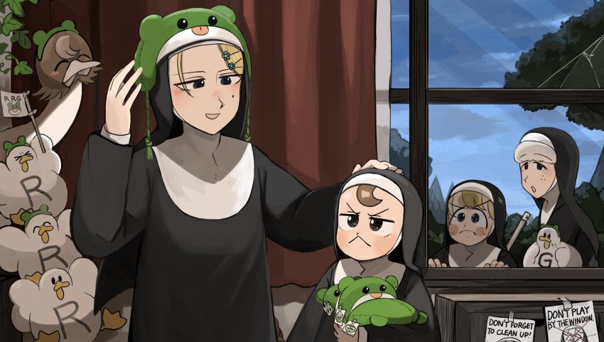 4girls :&lt; bird blonde_hair blue_eyes brown_eyes brown_hair chicken clumsy_nun_(diva) commentary diva_(hyxpk) duck english_commentary flower freckles frog_hat frog_headband froggy_nun_(diva) frown green_hat grey_hair habit hair_flower hair_ornament hairpin hat highres jealous little_nuns_(diva) mole mole_on_cheek multiple_girls nun ostrich sheep_nun_(diva) slice_of_life smile strict_nun_(diva) traditional_nun window