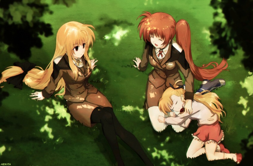 3girls arm_support bad_id bad_pixiv_id black_bow black_legwear black_ribbon blonde_hair bow brown_eyes brown_hair brown_jacket brown_skirt closed_eyes day family fate_testarossa frilled_skirt frills from_above hair_bow hair_ribbon hand_on_another&#039;s_shoulder jacket long_hair low-tied_long_hair lying lyrical_nanoha mahou_shoujo_lyrical_nanoha miniskirt multiple_girls neck_ribbon nekoya_(liu) on_side one_side_up open_mouth outdoors pantyhose red_ribbon red_skirt ribbon shirt side_ponytail sitting skirt smile socks takamachi_nanoha very_long_hair vivio white_legwear white_shirt