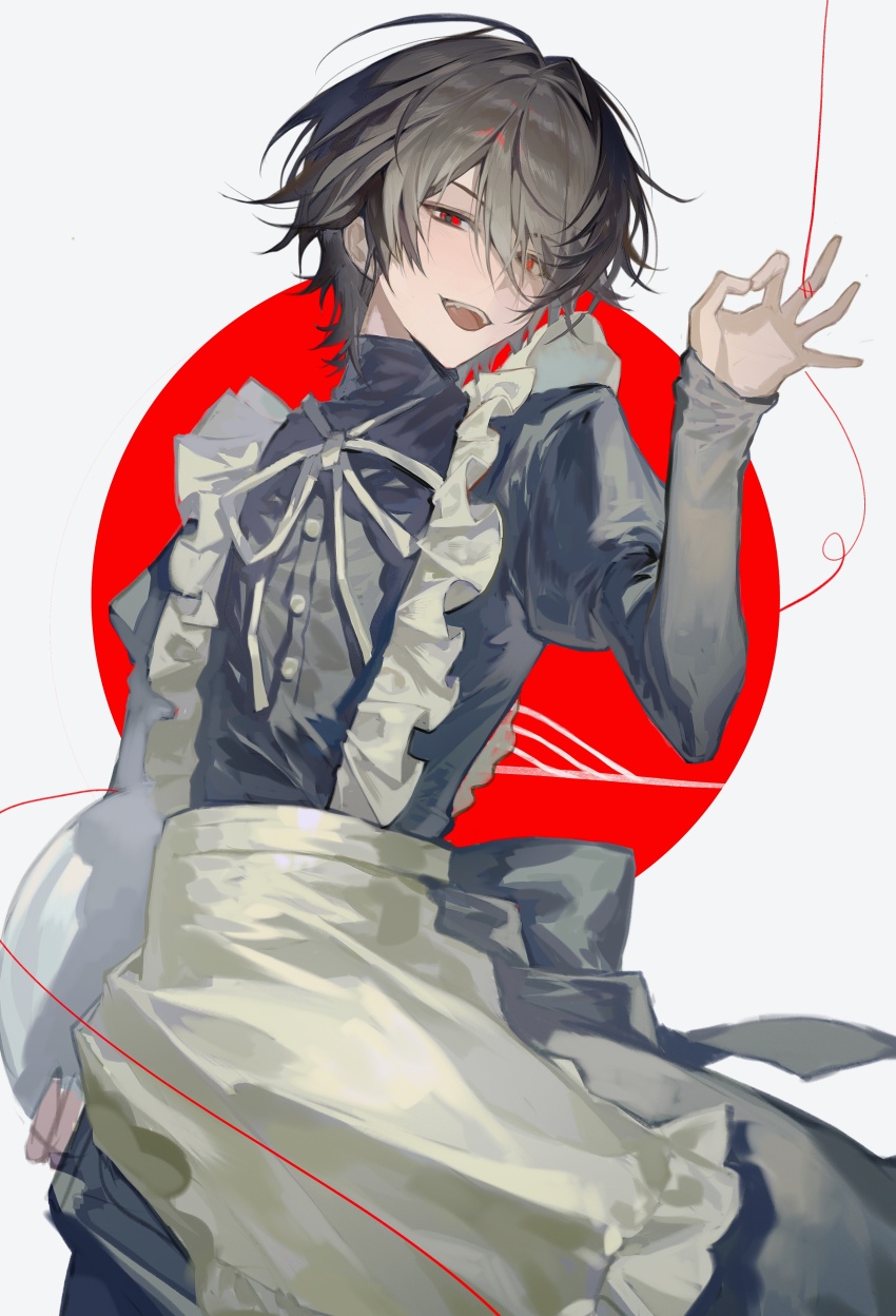 1boy absurdres apron black_dress black_hair cowboy_shot crossdressing daiba_shizuma dress frilled_apron frills hashtag-only_commentary highres holding holding_tray juliet_sleeves long_sleeves looking_at_viewer maid maid_apron male_maid neck_ribbon ok_sign ooe_(game) puffy_sleeves red_eyes ribbon short_hair solo sona_(lnjixn) string string_of_fate teeth tray upper_teeth_only white_apron white_ribbon
