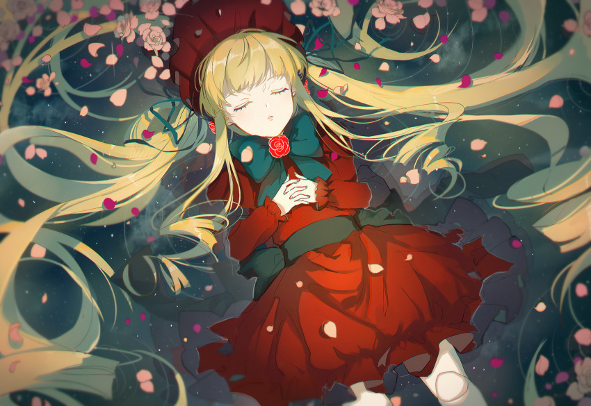 afloat black_bow black_sash blonde_hair bonnet bow closed_eyes commentary_request doll_joints dress feet_out_of_frame fine_art_parody flower flower_on_liquid hands_on_own_stomach highres joints juliet_sleeves long_hair long_sleeves lying lying_on_water on_back ophelia_(painting) parody parted_lips petals petals_on_liquid pudding_(8008208820) puffy_sleeves red_bonnet red_dress red_flower red_rose ripples rose rozen_maiden sash very_long_hair waist_sash water