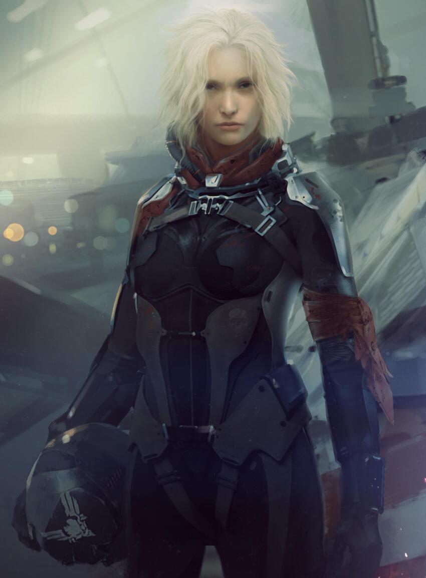 1girl absurdres belt black_bodysuit blonde_hair blue_eyes bodysuit breasts caldari_state_(eve_online) closed_mouth commentary cowboy_shot eve:_valkyrie eve_online flight_suit gloves grey_background grey_theme helmet highres holding holding_helmet holding_unworn_helmet lips looking_at_viewer medium_breasts medium_hair nose pilot pilot_helmet ran_kavik_(eve:_valkyrie) realistic science_fiction second-party_source solo standing unworn_headwear unworn_helmet