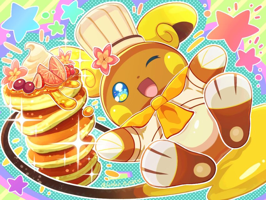 alolan_form alolan_raichu alolan_raichu_(pancake_chef) animal_focus blue_eyes chef_hat flower food gen_7_pokemon hat highres nintendo no_humans one_eye_closed open_mouth pancake pokemon pokemon_(creature) pokemon_cafe_remix runachikku smile whipped_cream wink
