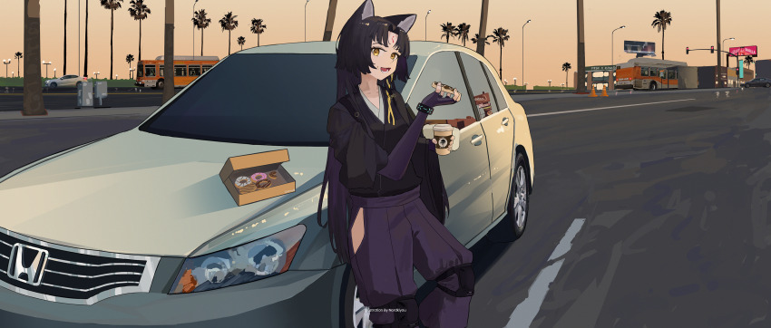 1girl animal_ears arknights artist_name black_hair black_kimono black_ribbon box bus car cardboard_box clothing_cutout coffee commentary cup day disposable_coffee_cup disposable_cup donut drink elbow_gloves english_commentary evening facial_mark fingerless_gloves food forehead_mark gloves hair_intakes hair_ribbon hakama hakama_pants hand_up highres hip_vent holding holding_cup holding_drink holding_food honda honda_accord infection_monitor_(arknights) japanese_clothes kimono lamppost long_hair looking_at_viewer los_angeles motor_vehicle northkiyou open_mouth outdoors palm_tree pants parted_bangs plant purple_gloves purple_pants reflection ribbon road saga_(arknights) smile solo standing traffic_cone traffic_light tree wide_shot yellow_eyes yellow_ribbon