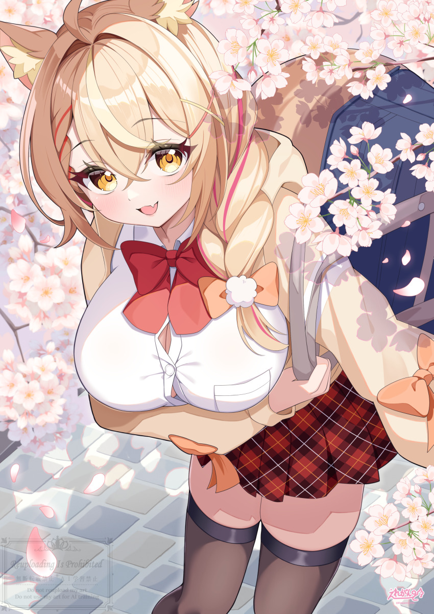 1girl absurdres animal_ears arm_under_breasts black_thighhighs blush braid breasts cherry_blossoms elegant_(sumisumi4268) fangs highres hood hooded_jacket jacket large_breasts long_hair looking_at_viewer multicolored_hair neck_ribbon open_mouth original outdoors plaid_clothes plaid_skirt pleated_skirt red_hair red_ribbon ribbon school_uniform shirt skin_fangs skirt smile solo streaked_hair tail thighhighs white_shirt yellow_eyes yellow_jacket