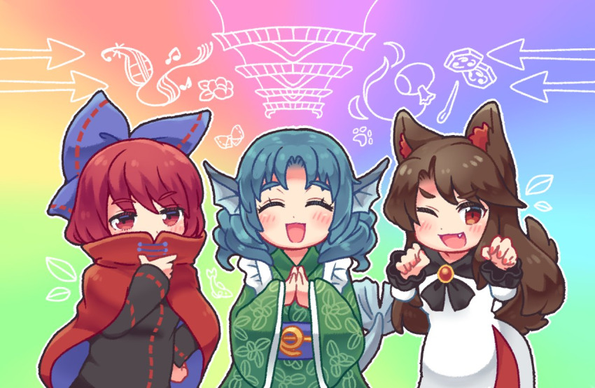 3girls ;d animal_ears blouse blue_bow blue_hair bow brooch brown_hair cape covered_mouth dress drill_hair fang fins frills green_kimono hair_bow head_fins imaizumi_kagerou japanese_clothes jewelry kimono long_hair long_sleeves looking_at_viewer mermaid monster_girl multiple_girls one_eye_closed open_mouth outline pmx rainbow_gradient red_eyes red_hair sash sekibanki shirt short_hair smile tail touhou v-shaped_eyebrows wakasagihime white_outline wolf_ears wolf_tail