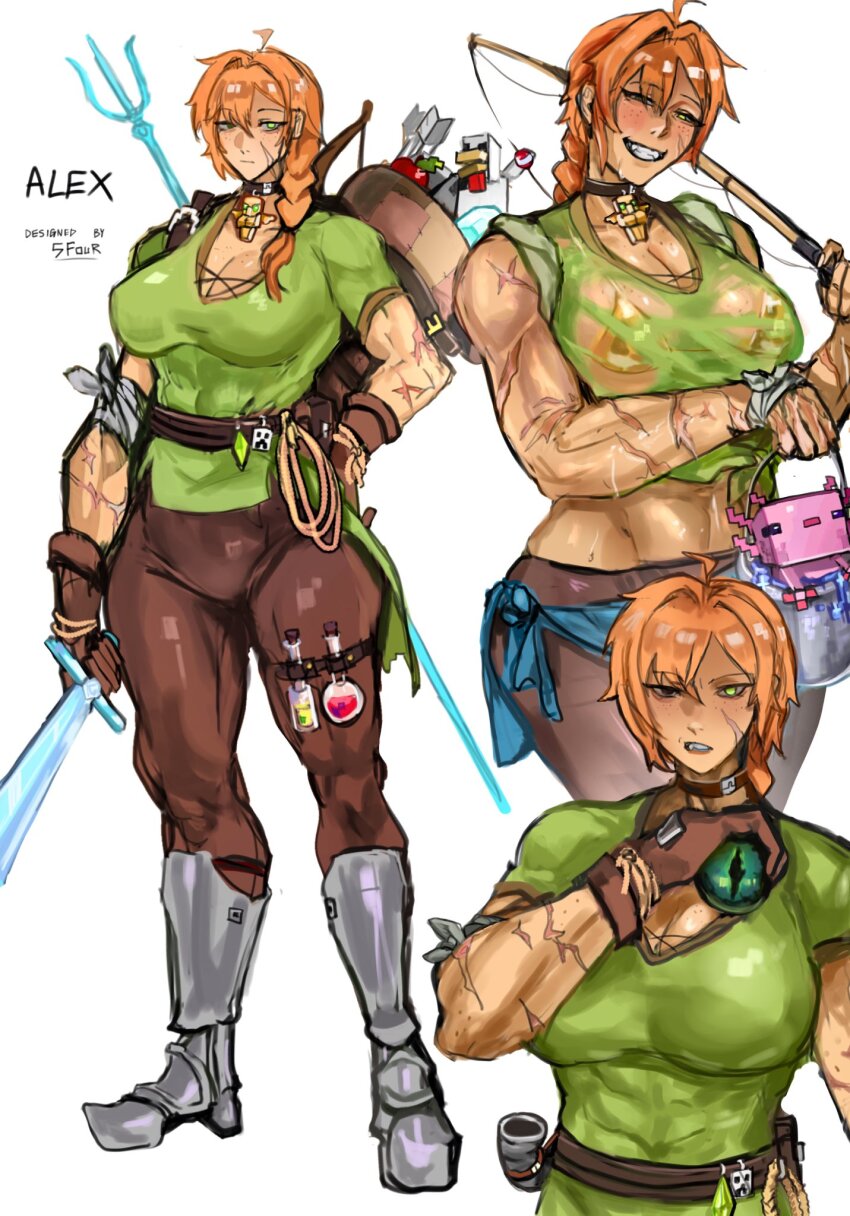 1girl abs alex_(minecraft) angry apple armor artist_name axolotl bandages belt bikini bird bow_(weapon) breasts bucket bucket_of_water character_name chicken choker cleavage english_text eye_of_ender fishing_rod food freckles fruit gem gloves gold_bikini greaves green_gemstone heterochromia highres holding holding_weapon large_breasts looking_at_viewer medium_hair minecraft minecraft_sword polearm ponytail potion rope scar see-through_clothes sfour_s4 shirt simple_background smile solo sweat swimsuit sword totem_of_undying trident weapon wet wet_clothes wet_shirt white_background