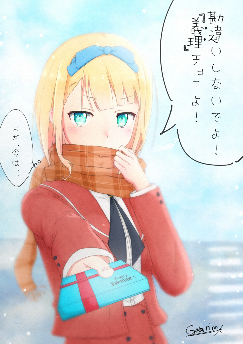 1girl 22/7 artist_name black_neckerchief blonde_hair blue_bow blue_hairband blurry bob_cut bow bow_hairband brown_scarf depth_of_field furoggu-gaburi green_eyes hair_bow hairband highres incoming_gift inverted_bob jacket long_sleeves looking_at_viewer neckerchief open_clothes open_jacket outdoors plaid_clothes plaid_scarf red_jacket red_skirt saito_nicole scarf shirt short_hair shy skirt snowing solo speech_bubble thought_bubble upper_body valentine white_shirt