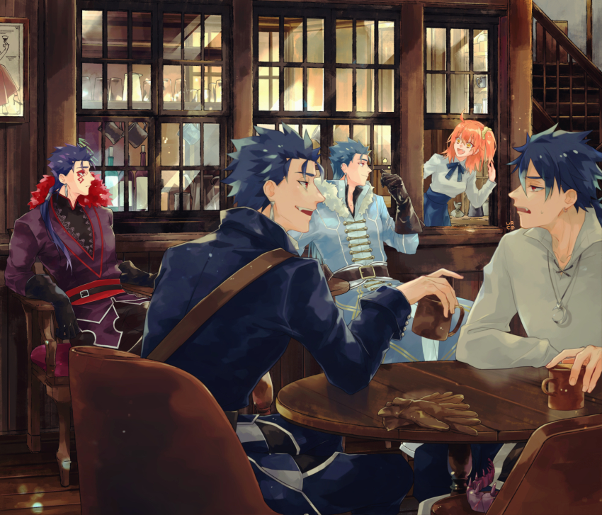 1girl 4boys alternate_costume bar_(place) beads belt blue_hair bottle chair closed_mouth coat crescent crescent_necklace cu_chulainn_(caster)_(fate) cu_chulainn_(caster)_(the_musketeers)_(fate) cu_chulainn_(fate) cu_chulainn_(fate/prototype) cu_chulainn_(fate/stay_night) cu_chulainn_alter_(fate) cu_chulainn_alter_(fate/grand_order) cup dark_persona earrings facepaint fang fate/grand_order fate/prototype fate/stay_night fate_(series) fujimaru_ritsuka_(female) fujimaru_ritsuka_(female)_(anniversary_blonde) fur-trimmed_coat fur-trimmed_shirt fur_trim gloves hair_beads hair_ornament hair_scrunchie highres jewelry kajijii long_hair male_focus mini_cu-chan_(fate) mug multiple_boys multiple_persona necklace open_mouth orange_hair overcoat pants ponytail popped_collar red_eyes ribbon scrunchie shirt short_hair side_ponytail sitting skirt spiked_hair strap the_musketeers_(fate/grand_order) type-moon unworn_gloves wine_bottle yellow_eyes