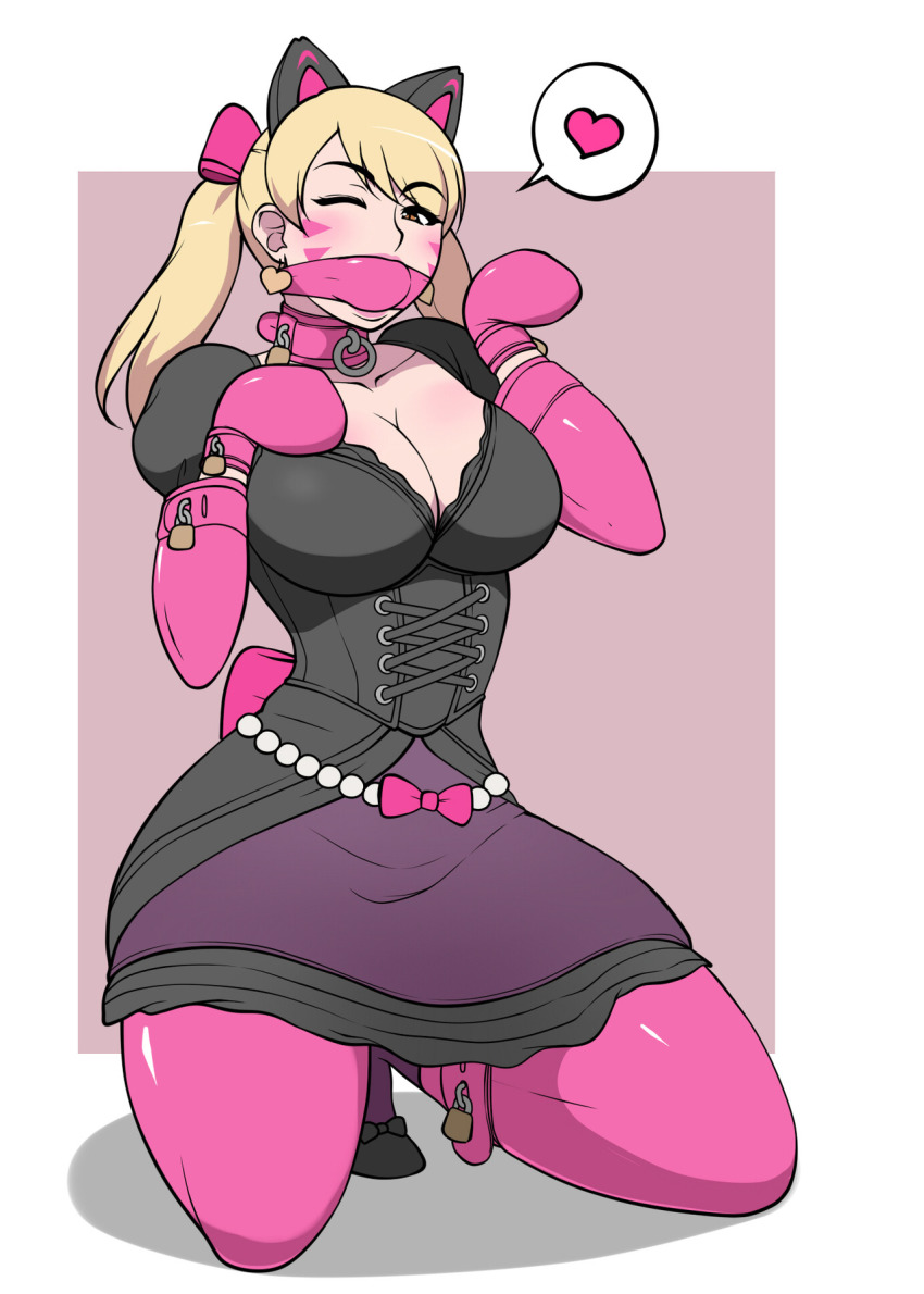 1girl ball_gag bdsm bondage bound breasts d.va_(overwatch) female_focus gag gagged highres jam-orbital kneeling large_breasts overwatch overwatch_1 solo