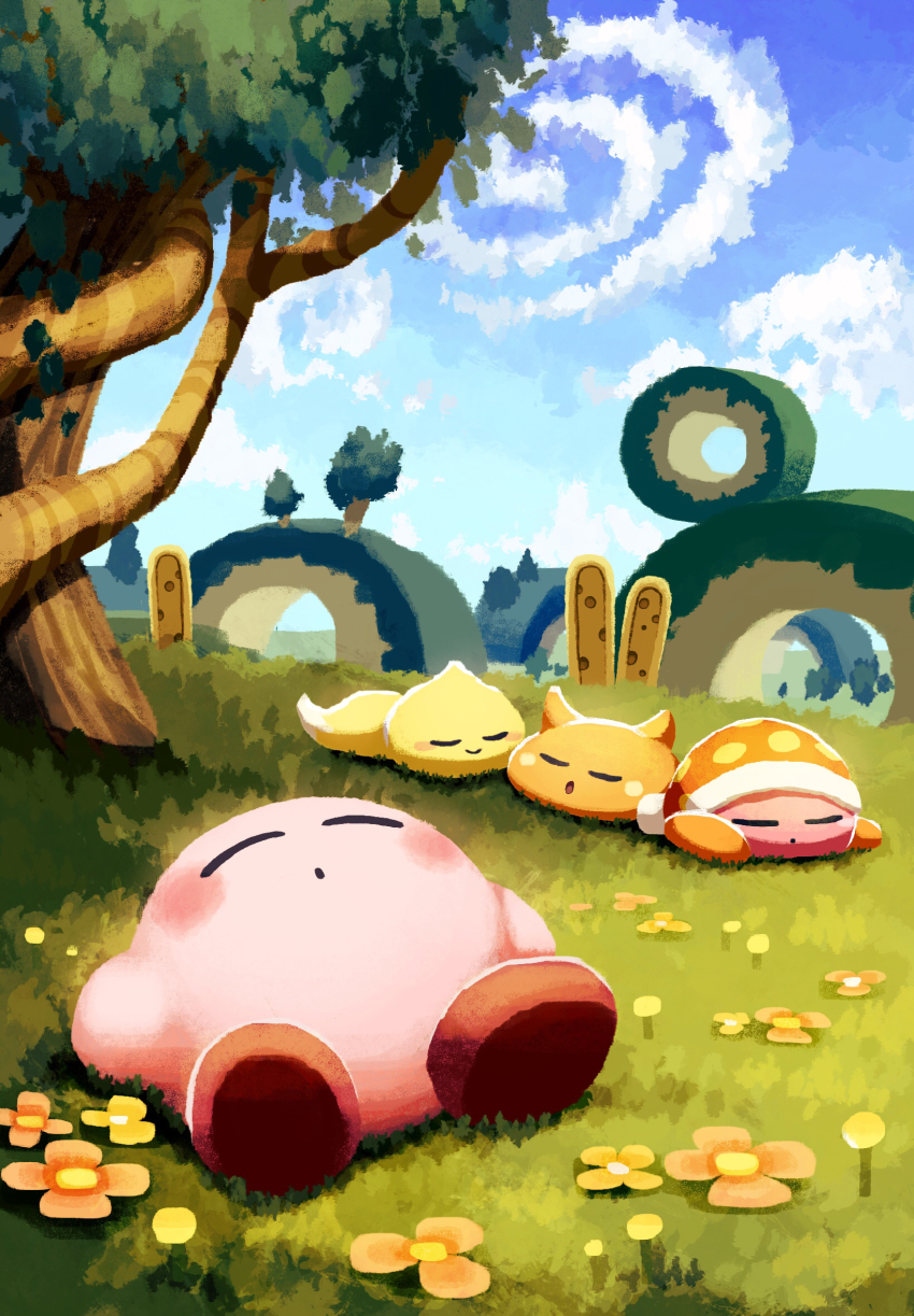 :o aruco_co blue_sky blush blush_stickers bourbon_(kirby) chip_(kirby) closed_eyes closed_mouth cloud cloudy_sky commentary_request day flower grass hat highres hill kirby kirby_(series) lying nightcap nintendo no_humans noddy_(kirby) on_back on_grass open_mouth orange_flower orange_hat outdoors polka_dot polka_dot_headwear scarfy scenery sky sleeping smile tree yellow_flower